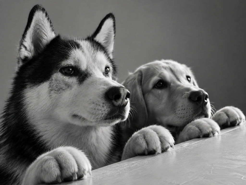 Two dogs looking over a fence.